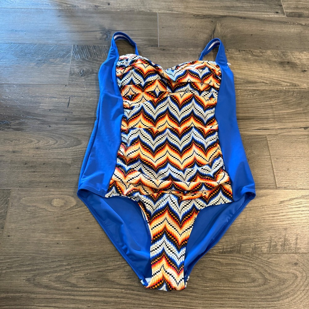 Romenza Targo Blue Geometric Chevron Ruched One Piece Swimsuit Womens Large 8